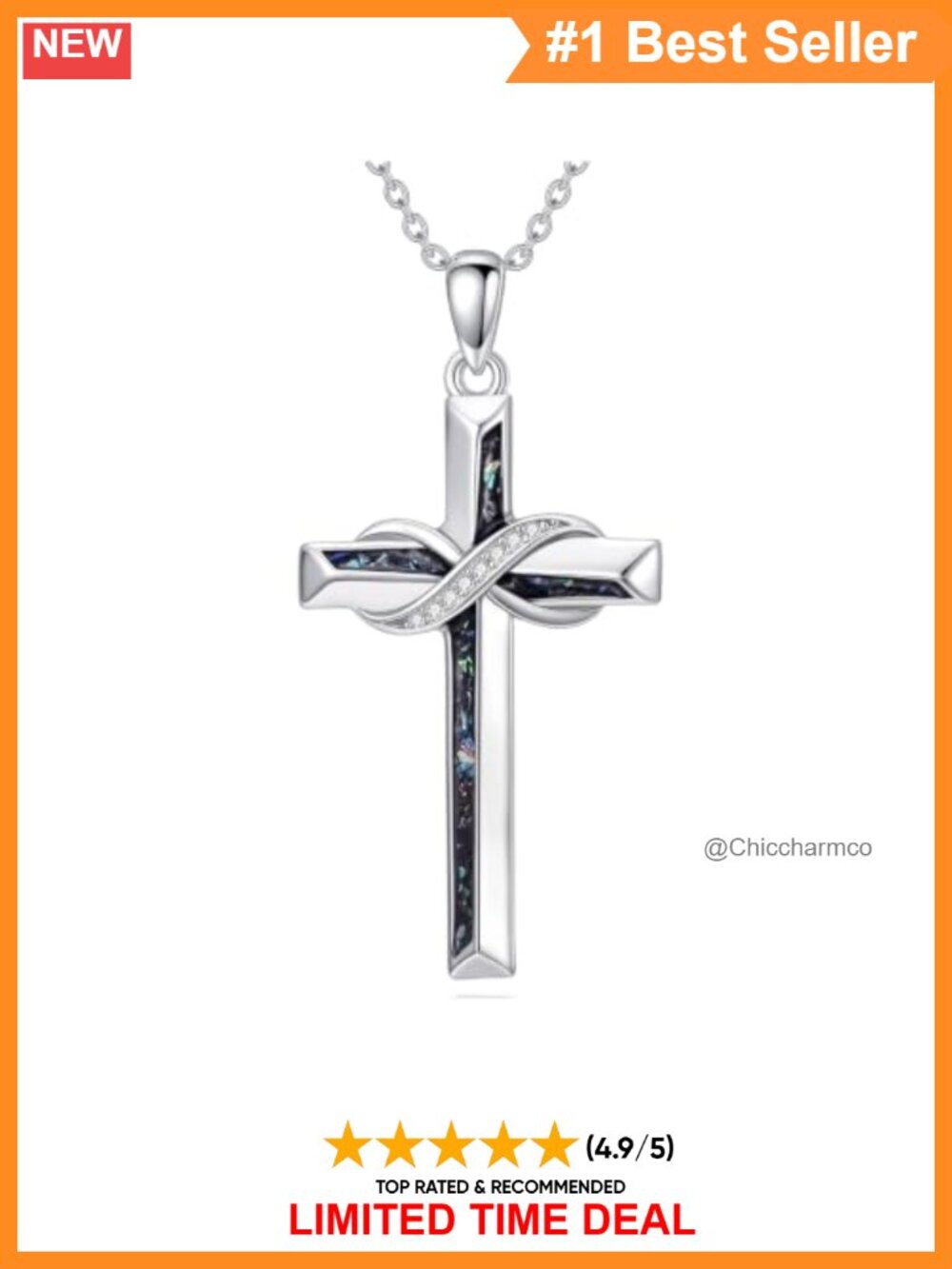 White Gold Plated Infinity Cross Pendant Necklace Abalone Cubic Zirconia